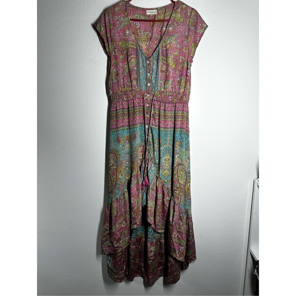 Boho Style Silk Blend High Low Button Down Paisley Print Dress Sz M See Notes